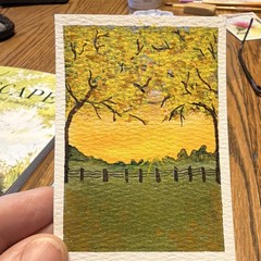 Donna Hawk ACEO Original Painting „Country Sunset“ Landscape Tree Sunset Signed