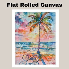 Watercolor of Palm Tree and Bicycle by Ocean Shore with Vibrant Sunset Sky