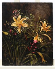 Oil Painting Still Life Moody on Board Day Lilies and Wildflowers Artist Signed