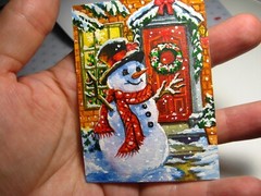 Watercolor Painting Snowman Christmas Holidays Snow Winter ACEO Art