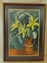 vintage framed WATERCOLOR PAINTING still life flower bouquet signed & dated 1982