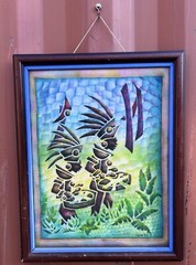 cotton painting signed EST A ’92‘ Maya N drummers Figure sin jungle , framed