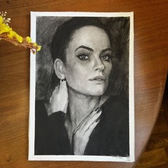 Original charcoal drawing girl portrait. black and white art illustration