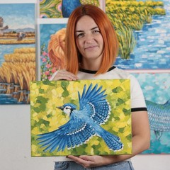 Blue Jay Bird Painting, Original Blue Jay, Flight, Art, Blue Jay Flying Bird Oil