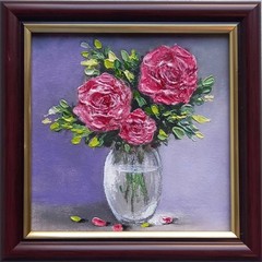 Original Oil Painting Still Life Roses in a Vase Framed Small Wall Art 4 x 4 in
