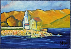Original Oil Painting Church by the Sea Expressionism Seascape Croatia 2010