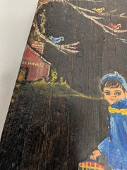 Vntg Signed Painting On Reclaimed Board Boy W Dog Attached Artist Card