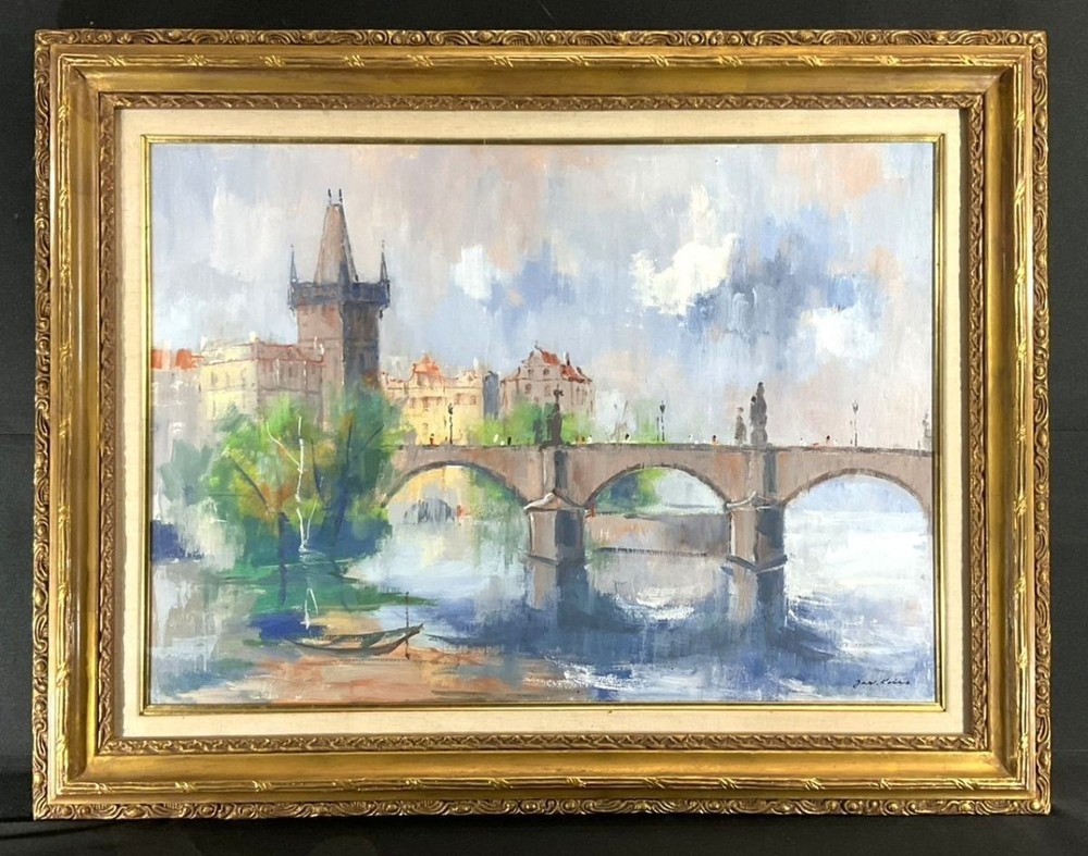 Jaroslav Kotas (1909-) Oil Painting „Charles Bridge, Prague“ Czech Impressionist