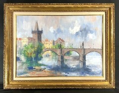 Jaroslav Kotas (1909-) Oil Painting „Charles Bridge, Prague“ Czech Impressionist