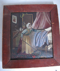 Antique Comic Painting Housekeeper Cleaning a Bedroom Oil on Canvas c. 1850