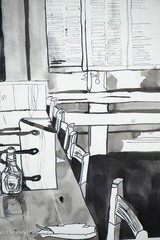 Beautiful Painting of Black & White Restaurant Interior by Angela Cockman