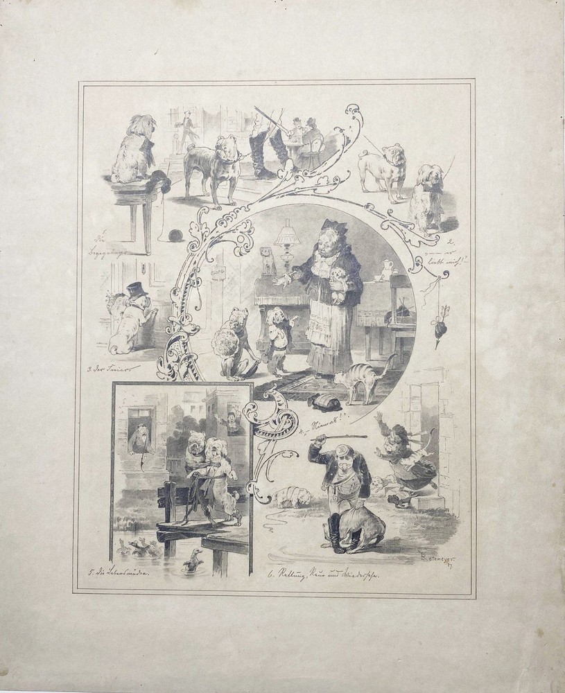 Ernst Retemeyer- Moppel and Juli Dogs Dog Breeding Cartoon Drawing 1887