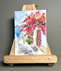 Watercolor ACEO Original Painting Santorini Greece Mediterranean Village Floral
