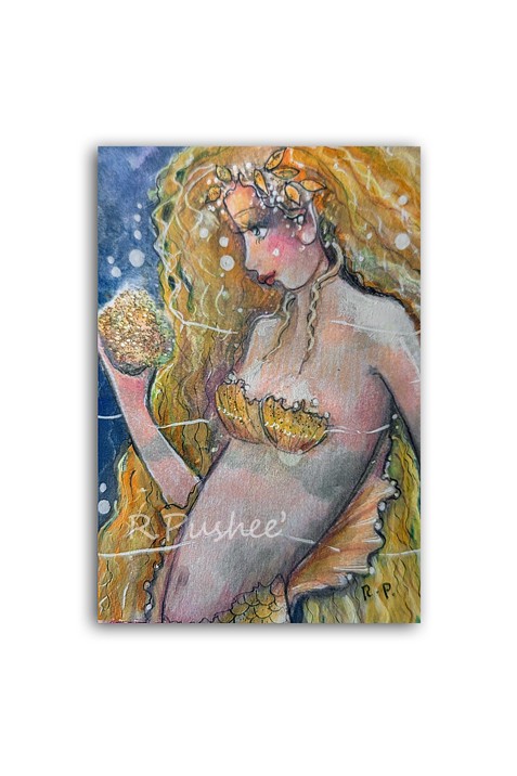 Mermaid with golden details, gold glitter mini painting.. ACEO ORIGINAL ART