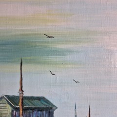 Vintage Original Signed Oil Painting of Harbor Scene Featuring a Fishing Boat