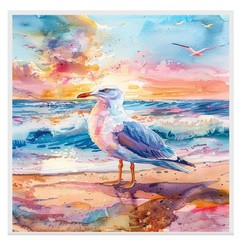 Seagull by Ocean Shore in Sunset Watercolor Scene Canvas Wall Art