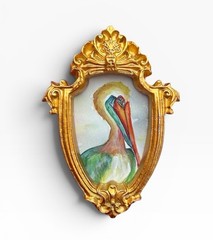 TEENY MINI • Colorful Pelican watercolor bird print in TINY ornate frame