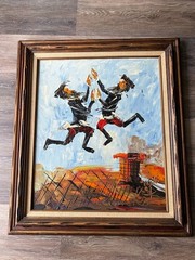 Morris Katz 1976 Framed Vintage Oil Painting on Board Depicting 2 Rabbis Dancing
