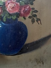 EARLY 20th SIGNED – FRENCH IMPRESSIONIST OIL – BOUQUET OF ROSES IN A BLUE VASE