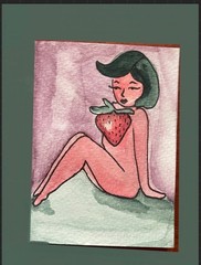 Tiny Art Busty Strawberry Pinup Watercolor Aceo