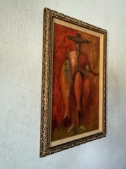ANTHONY RIZZO VINTAGE MODERN ABSTRACT CUBIST CUBISM OIL PAINTING RED FISHERMAN