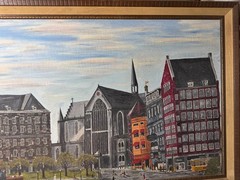 Huge Superb 1966 „Figures In Downtown NY City Street Scene“ Oil Painting -Framed