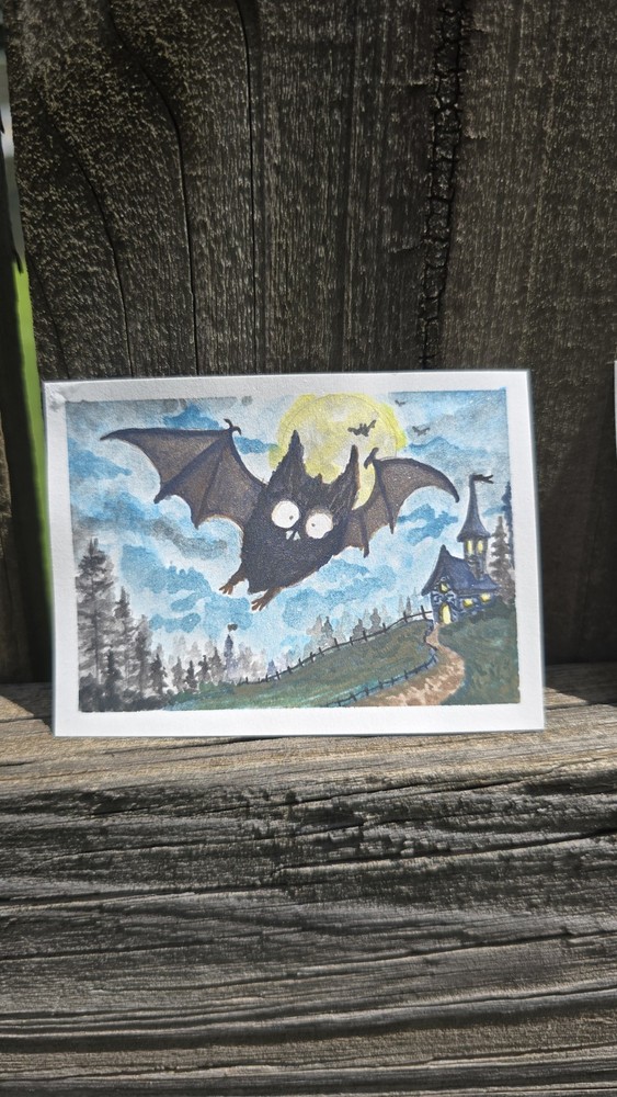 Freakin‘ Bats #3 „Moonlit Flight“ Original ACEO Bat Art OOAK Halloween ATC