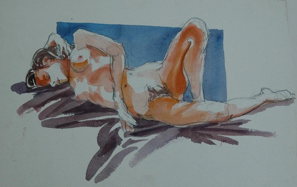 Beautiful Modernist Gouache & Pencil of A Reclining Nude Woman