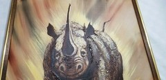 Fab Funky RHINO OIL ON CANVAS Signed Robinson 25″ x 22″ Thick Impasto Paint MCM