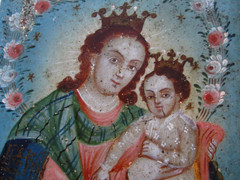 Oil Painting Antique Spanish Colonial Virgin Mary Baby Jesus Retablo Mexican