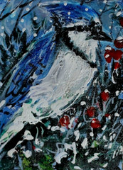 ORIGINAL ACEO PAINTING Eastern BLUE JAY Winter Blue BIRD Snow Animal Nature ART