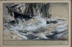 Vintage Ship In Storm People On Boat Ink Gouache Watercolor Painting Roy Cross ?