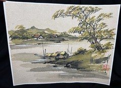 Original East Asian Watercolor Landscape Painting Signed W/ Red Artist Seal 8×10