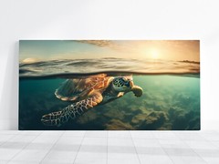 Sea Turtle Art Canvas Ocean Painting Photo Wall Art, Sunset Green Blue Colorful
