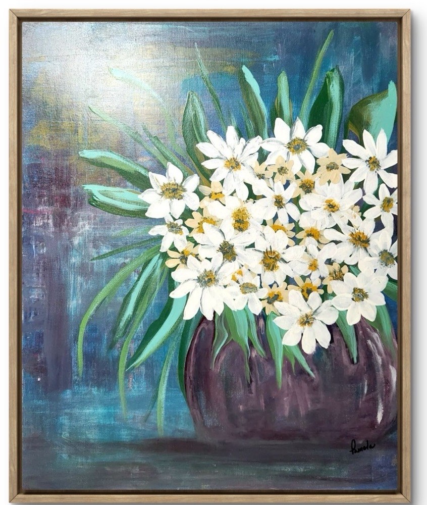 White Flowers Abstract Colorful Modern Unique Bold Flowers Acrylic Canvas