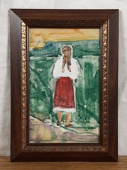 Girl in Ukrainian Traditional Dress, Girl in the Field, Original Vintage, Gouach
