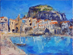Cefalu Harbor Original Sicily Italy Oil Painting Seascape 7×9.5″ Impasto Art