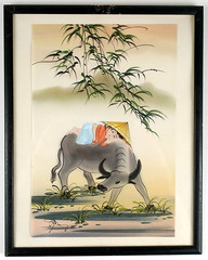 Vintage Vietnamese Watercolor on Silk Painting Boy Sleeping Water Buffalo 1034