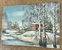 Original Russian Snowy WINTER LANDSCAPE Architecture Oil Linen 8.25”T 11.75”W