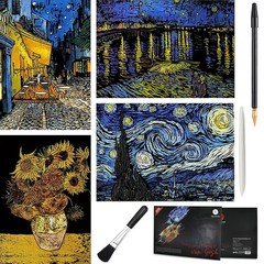 Vincent Van Gogh Style Scratch Art Painting 4 Pc Adult Rainbow Colorful Paper