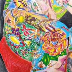 Tattooed nude bald woman chair painting human figure etched art colorful gallery