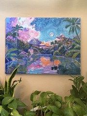 Original Tropical Landscape Painting Full Moon Palm Trees River Canvas 18×24”
