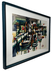NOEL QUINN MODERNIST ABSTRACT HARBOR COASTLINE CALIFORNIA WATERCOLOR PAINTING