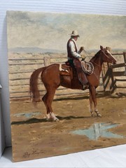 Original Oil Painting on Hardboard Panel Signed Ray Hampton Western Cowboy Scene