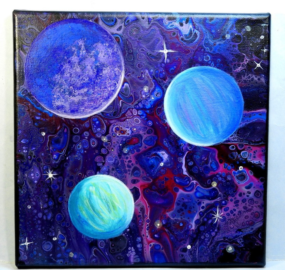 10 x 10″ Spacescape Acrylic Painting Three Planet System in Deep Dark Space