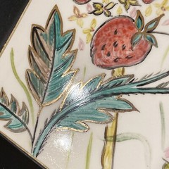 Aida Whedon Mid Century Hand Painted Tile Butterfly Strawberry Field Wood Frame