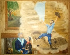 Tell Me Grandad 1963 M.L. Lundwall Or Lee Oil On Canvas Board 16×20 Gold Rush