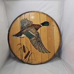 Vintage Glenda J Porter Mallard Duck Painting Wood Barrel Head Signed 1979 Art