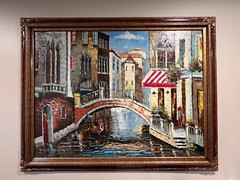 56” X 44” Venetian canal scene executed in a thick, textural impasto