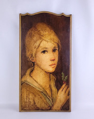 Vtg Painting Wood Plaque Girl With Christmas Holly 1970’s Realism OOAK